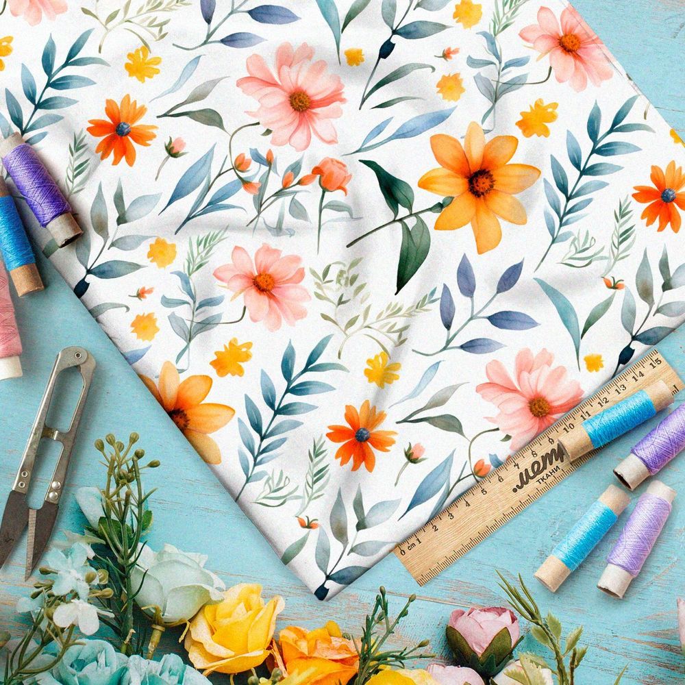 Ткань премиум габардин цветочная акварель