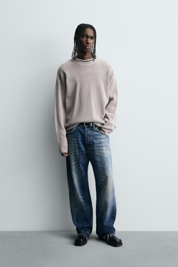 ZARA СВИТЕР ВАФЕЛЬНОГО ПЛЕТЕНИЯ С ЭФФЕКТОМ ПОТЕРТОСТИ, СЕРЫЙ