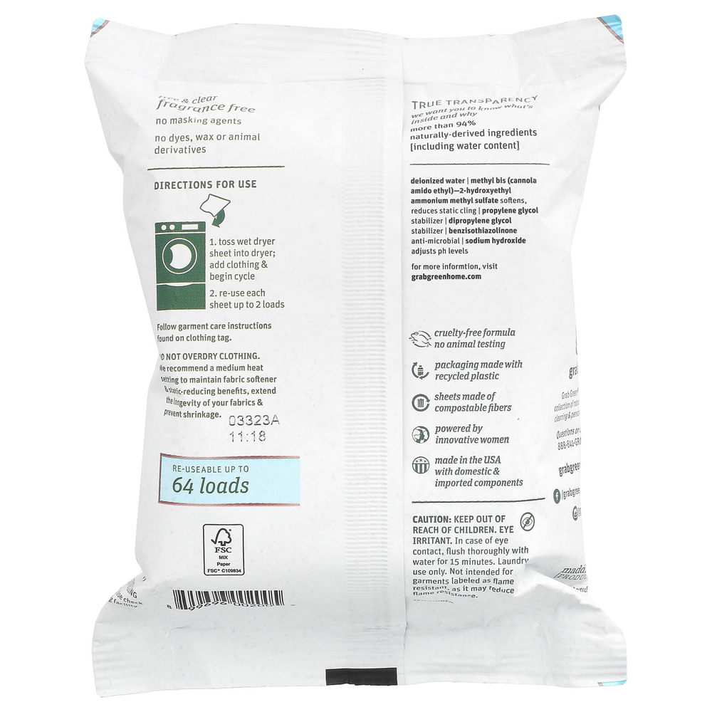 Grab Green, Салфетки для сушилки, без запаха, 32 салфетки