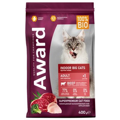 Award Indoor Big cats с говядиной и курицей с добавлением брокколи и юкки Шидигера 400гр.