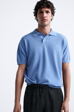 ZARA ПОЛО ИЗ РЕЛЬЕФНОГО ТРИКОТАЖА, ЯРКО-СИНИЙ