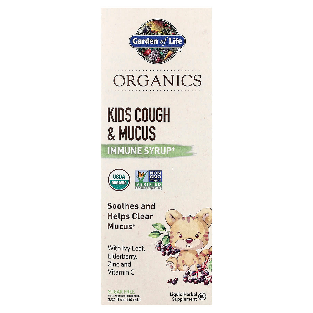 Garden of Life, Organics, детский кашель и слизь, сироп для укрепления иммунитета с листьями плюща, цинком и витамином C, 116 мл (3,92 жидк. унции)