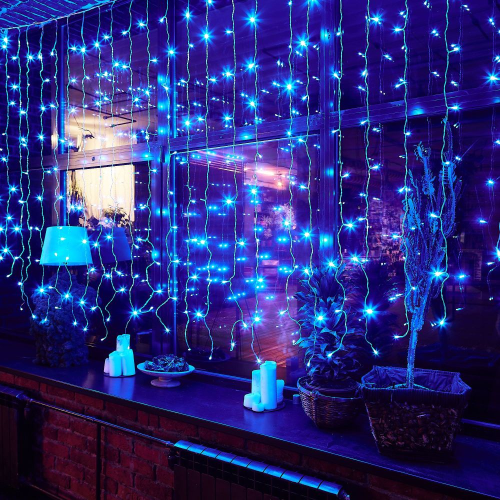 ULD-C3020-240-TTK BLUE IP44 Занавес светодиодный с эффектом мерцания. 3х2м. Соединяемый. 240 светодиодов. Синий свет. Провод прозрачный. TM Uniel