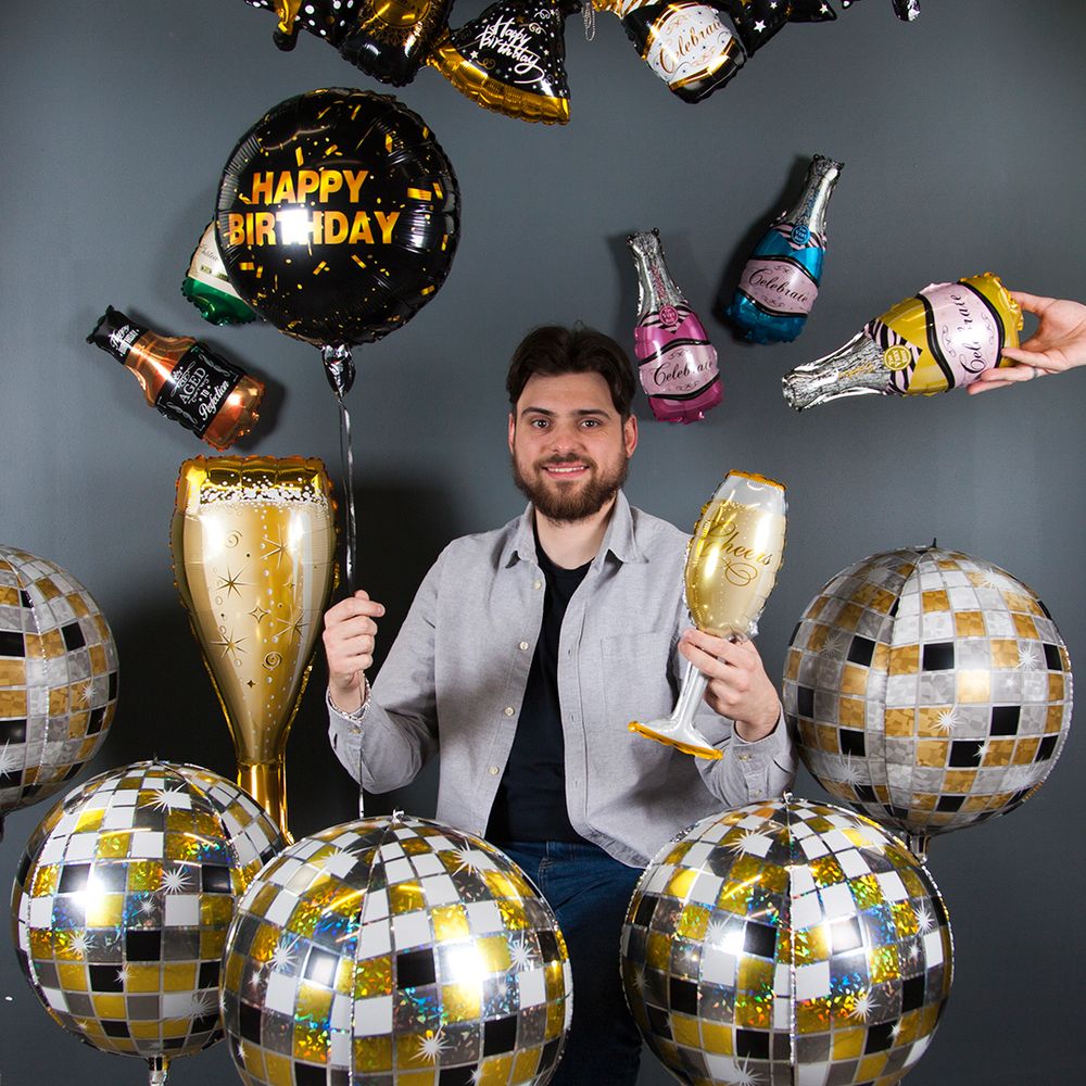 Шар с клапаном (14"/36 см) Мини-фигура, Бутылка Шампанское, Золото