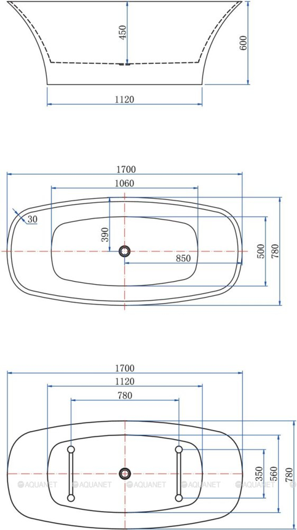 Акриловая ванна Aquanet (Акванет) Family Smart 170x78 88778-GW-MB