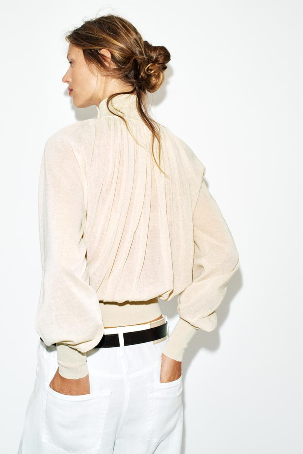 ZARA БЛУЗА СВОБОДНОГО КРОЯ ИЗ КОМБИНИРОВАННОГО ТРИКОТАЖА, ПЕСОЧНЫЙ