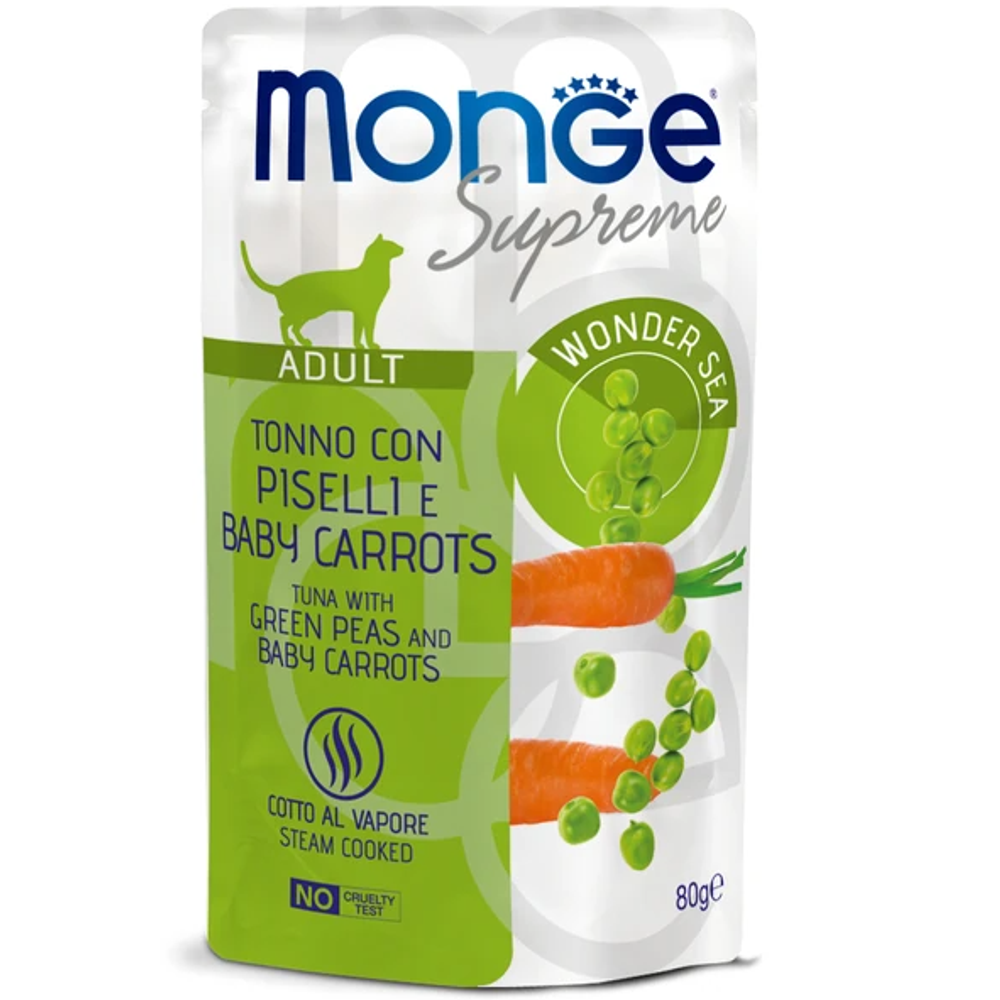 Monge supreme влажный корм для взрослых кошек с зелёным горошком и мини-морковью, паучи 80 г