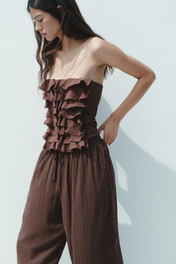 ZARA ТОП БЕЗ БРЕТЕЛЕЙ С ВОЛАНАМИ, ШОКОЛАДНЫЙ