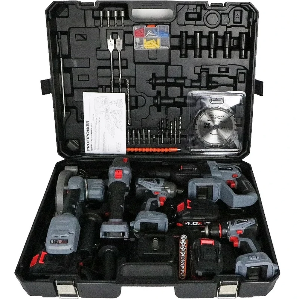 ProfiPower ProfiSet-5F18 аккумуляторный бесщеточный набор 5в1: ушм + шуруповерт + гайковерт + перфоратор + циркулярная пила (3 x 4 Ач, ЗУ) E0267