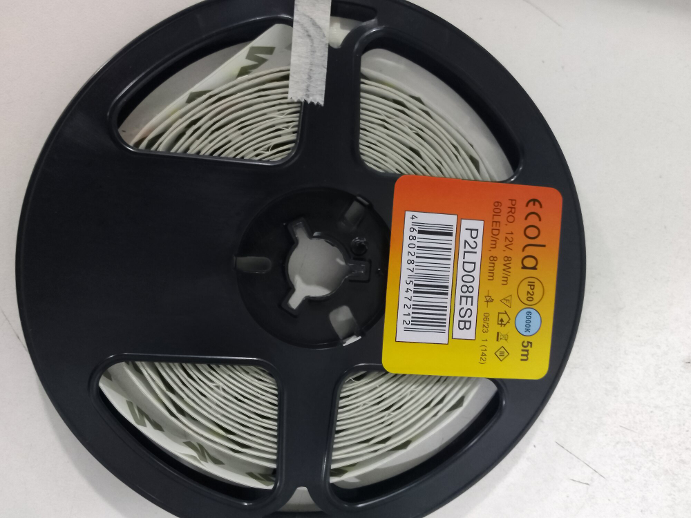 Светодиодная Лента  ECOLA strip PRO 8W/m 12V IP20 8mm 60Led/m 6000K (холодный белый цвет) 12Lm/LED 720Lm/m на катушке 5м.