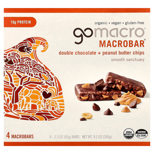 GoMacro, MacroBar®, Smooth Santury, двойные шоколадные чипсы с арахисовой пастой, 4 батончика по 65 г (2,3 унции)
