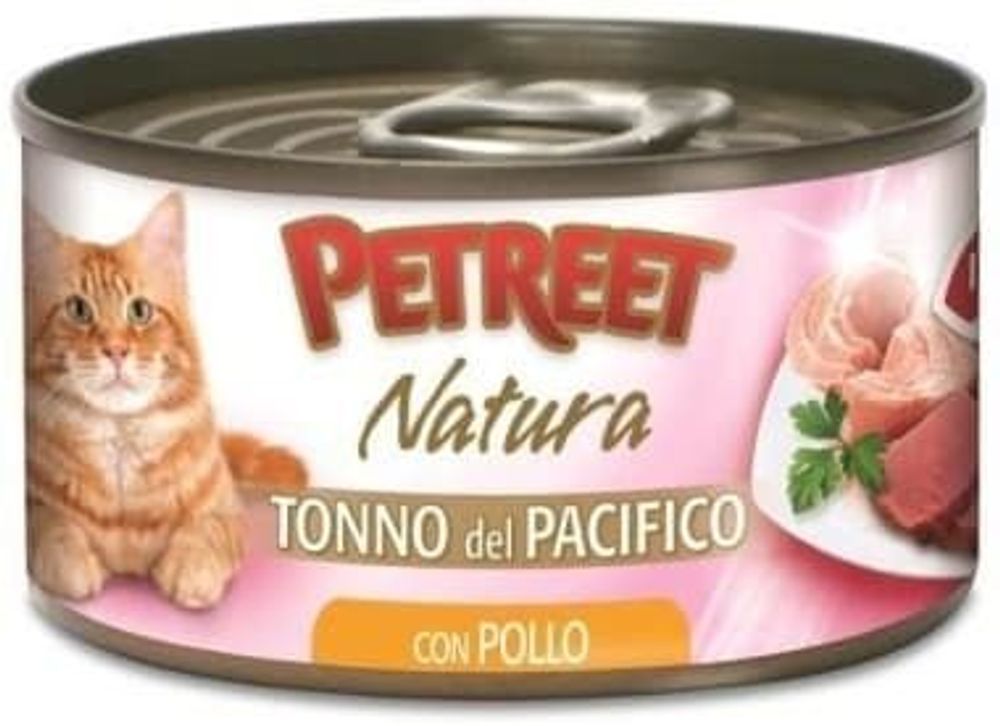 Petreet консервы для кошек кусочки тихоокеанского тунца с курицей в рыбном бульоне 70 г