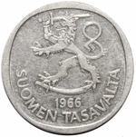 1 марка 1966. Финляндия VF-XF. Серебро