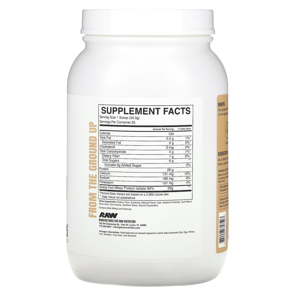 Raw Nutrition, сывороточный изолят сывороточного протеина от коров травяного откорма, с арахисовым маслом, 857,5 г (1,89 фунта)
