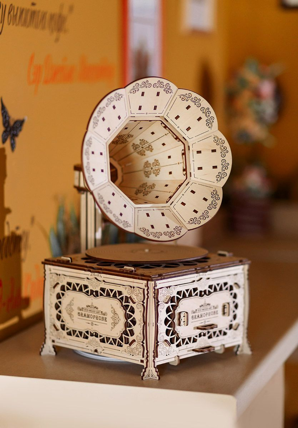 Антикварный граммофон от Eco Wood Art - деревянный конструктор, 3D пазл, сборная механическая модель, для дизайна и интерьера