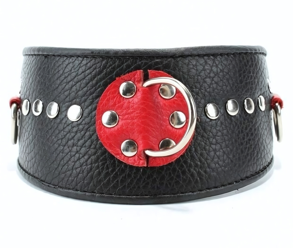 Черно-красный кожаный ошейник с металлическими клепками (Цвет: черный с красным)