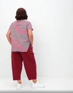 Футболка дизайнерская тельняшка оверсайз с фигурным низом тельняшка/винный