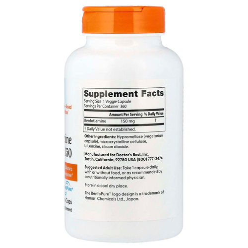 Doctor's Best, бенфотиамин с BenfoPure®, 150 мг, 360 растительных капсул