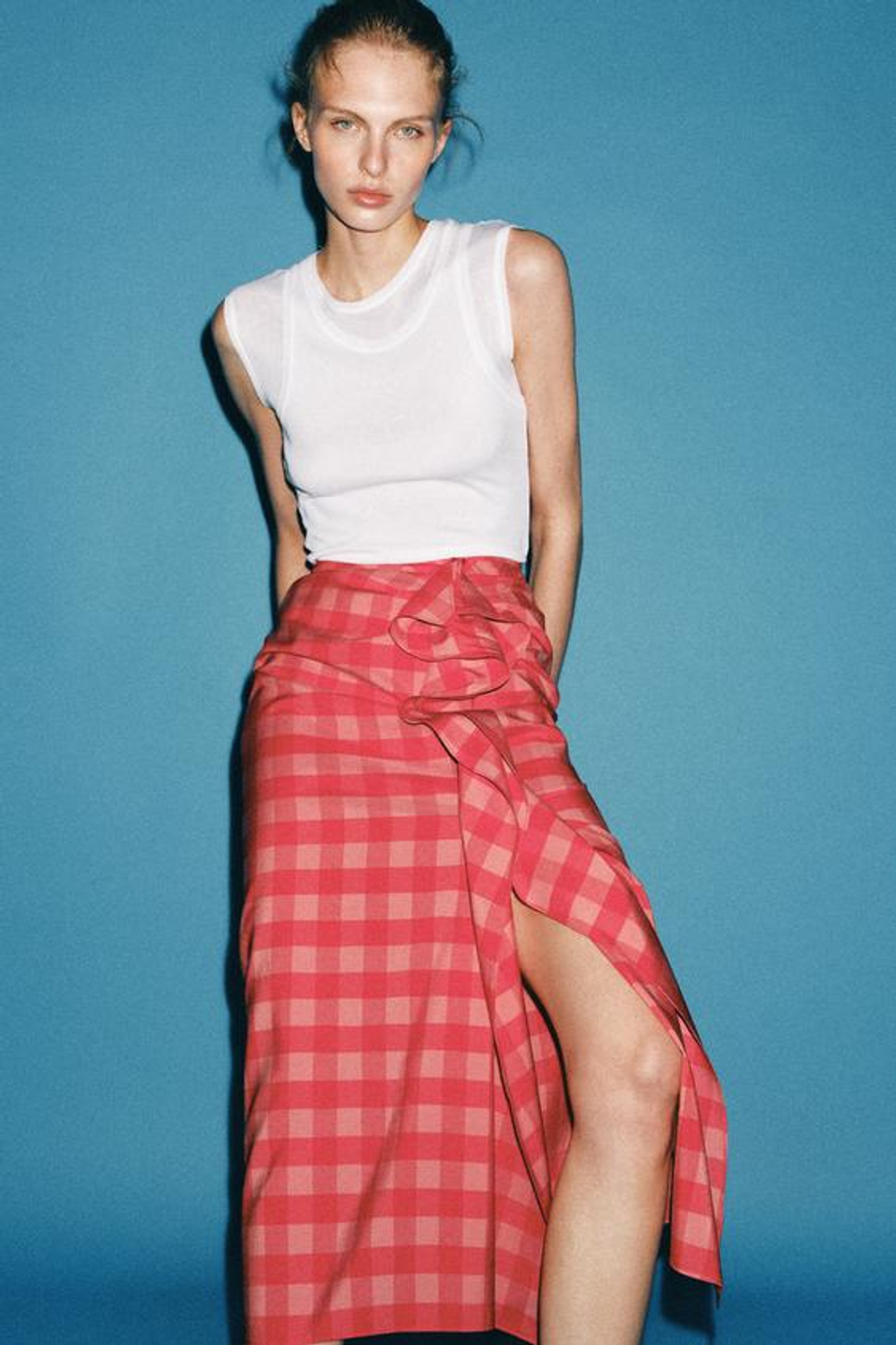 ZARA ЮБКА МИДИ С ВОЛАНАМИ — ZW COLLECTION, КРАСНЫЙ