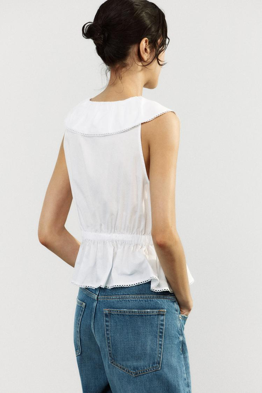 ZARA ТОП ИЗ ПОПЛИНА С КРУГЛЫМ ВОРОТНИКОМ, БЕЛЫЙ