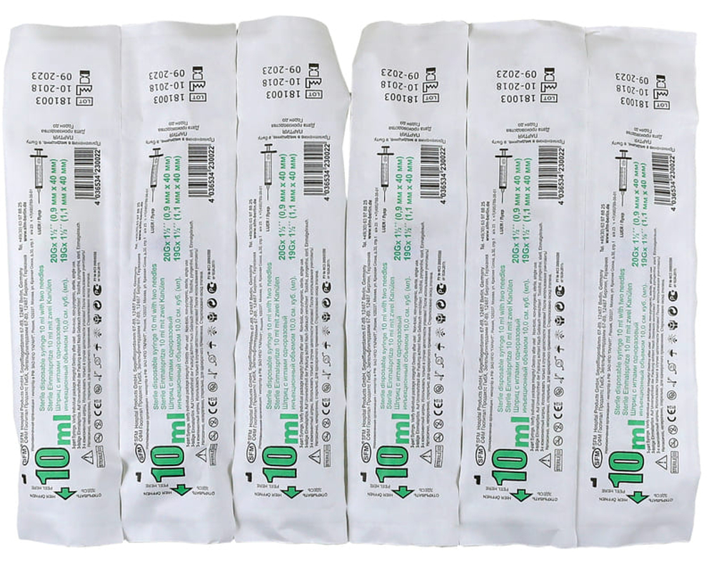 Шприц трехкомпонентный Luer с двумя иглами 10 мл 20G (0,9 ⨯ 40 мм) + (1,1 ⨯ 40 мм) 19G SFM 100 шт