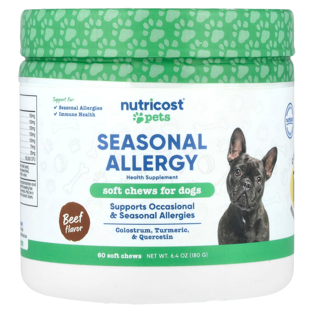 Nutricost, Pets, от сезонной аллергии, для собак, говядина, 60 жевательных таблеток, 180 г (6,4 унции)