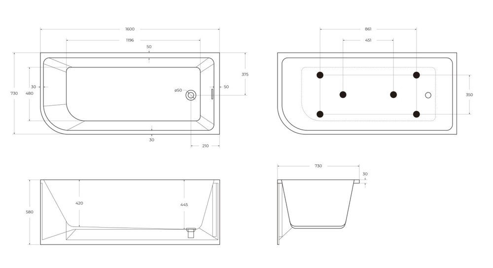 Асимметричная угловая акриловая ванна BelBagno BB712-1600-730-R