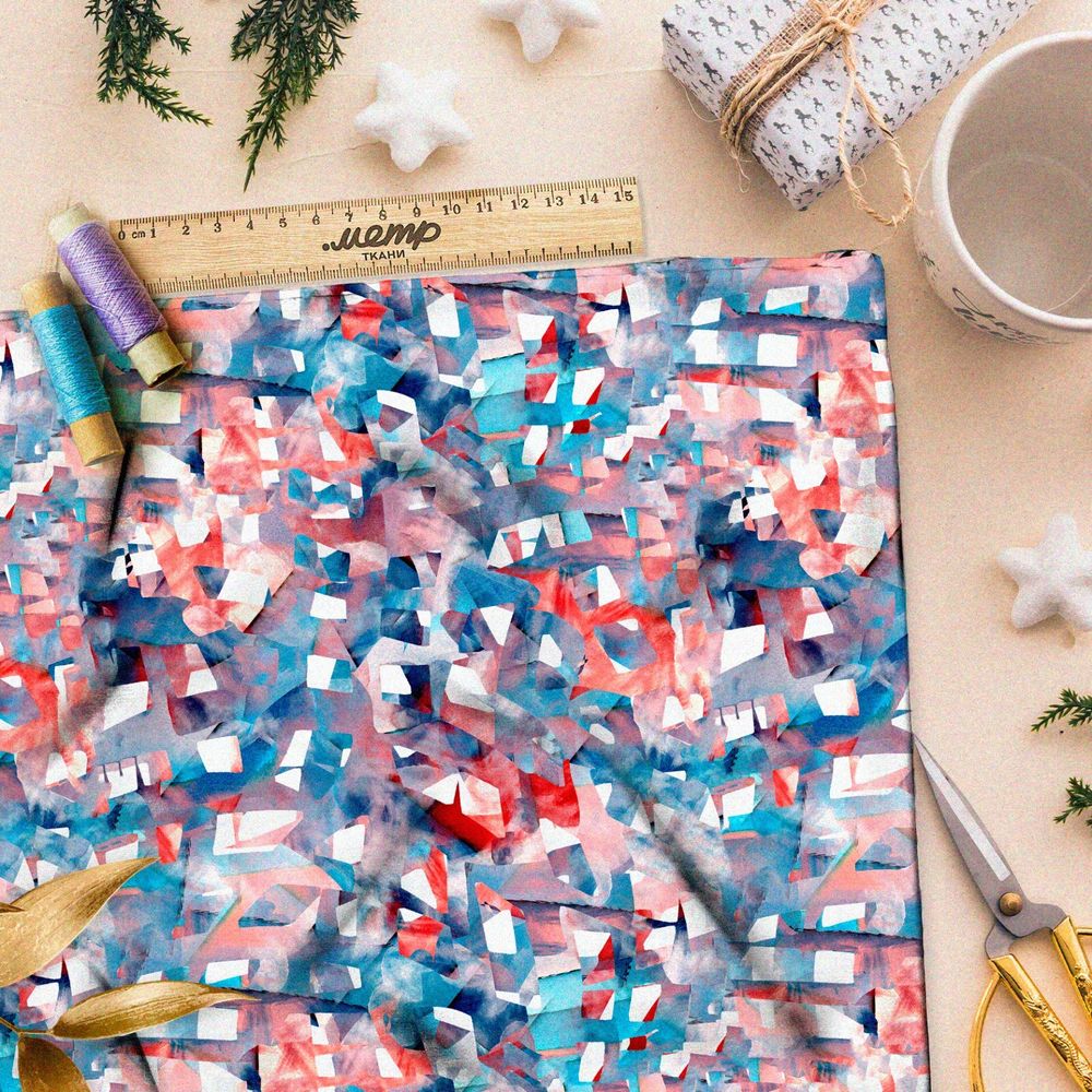 Ткань поплин розовао-голубая мозаика