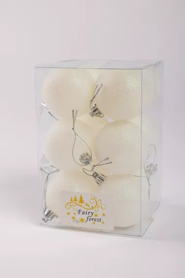 Набор пластиковых шаров Вероника 60 мм., белый глиттер, 12 шт., ЕлкиТорг (150223)