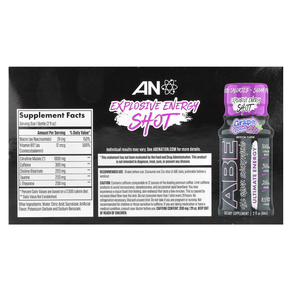 ABE, Ultimate Energy, виноградная сода, 12 пакетиков по 60 мл (2 жидк. унц.)