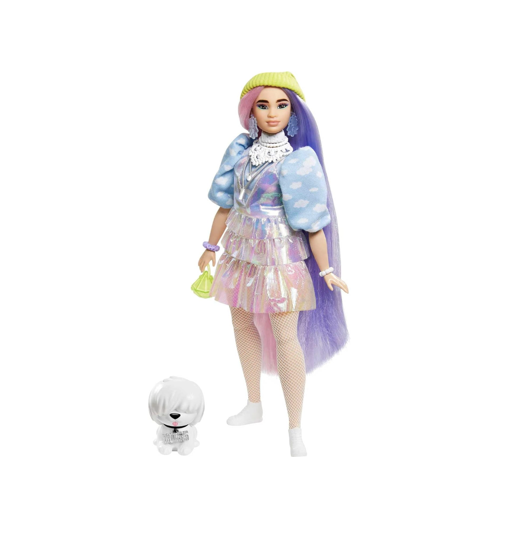 Кукла Barbie Extra и аксессуары с блестящим эффектом, розовыми и фиолетовыми фантазийными волосами и неоновой шапкой с щенком-питомцем