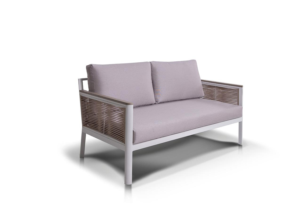 "Сан Ремо" диван 2-местный плетеный из роупа, каркас алюминий белый, роуп бежевый, ткань бежевая