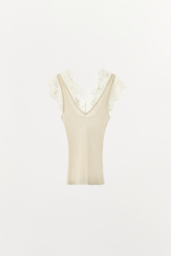 ZARA ТРИКОТАЖНЫЙ ТОП С КРУЖЕВОМ, ЭКРЮ