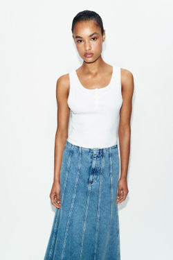 ZARA ДЖИНСОВАЯ ЮБКА МИДИ Z1975 С ОТСТРОЧКОЙ, ВЫЦВЕТШИЙ СИНИЙ