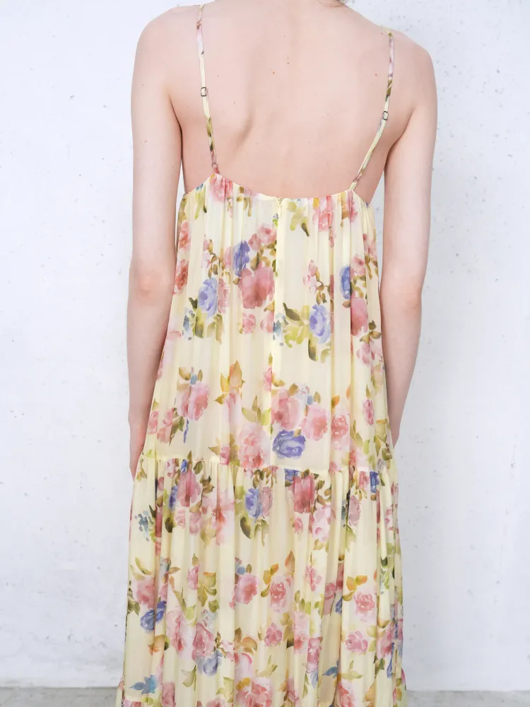 Флёр макси (Fleur maxi), платье макси из бледно-желтого шифона с цветочным принтом