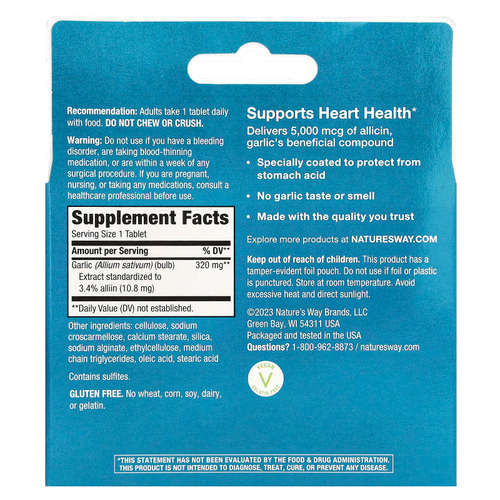 Nature's Way, Garlinase® 5000, экстракт чеснока, 320 мг, 100 веганских таблеток с кишечнорастворимой оболочкой