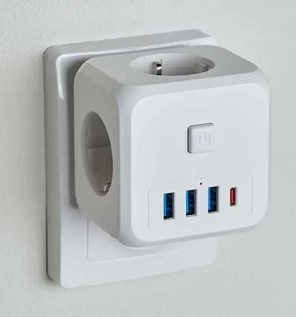 Тройник в розетку, 3 гнезда 3 USB A, 1 type C 2500 Вт, 10А евровилка, с выключателем, разветвитель для розетки, сетевой фильтр