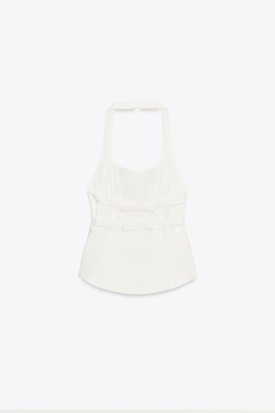 ZARA ТОП С ГОРЛОВИНОЙ ХАЛТЕР И БАНТАМИ, БЕЛЫЙ
