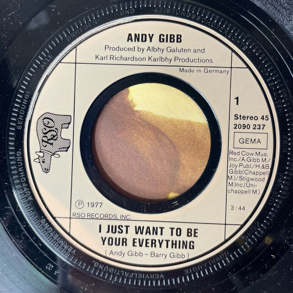 Винтажная виниловая пластинка 7 дюймов (маленькая пластинка) Andy Gibb, I Just Want To Be Your Everything / In The End (Germany 1977)