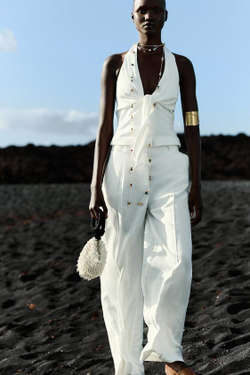 ZARA ШИРОКИЕ БРЮКИ С ЗАЩИПАМИ, ЭКРЮ