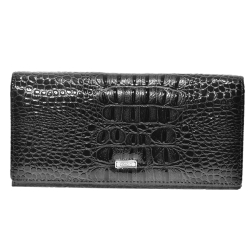 Большой стильный женский лакированный кожаный под крокодила чёрный кошелёк портмоне клатч из натуральной кожи 18х9 см Coscet CS21-01A в коробке