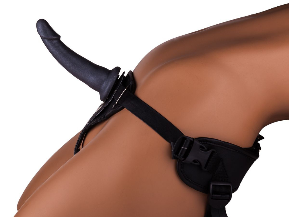 Кожаный пояс харнесс премиум класса WOMAN LONG(S) с 3 насадками (Цвет: телесный с черным)