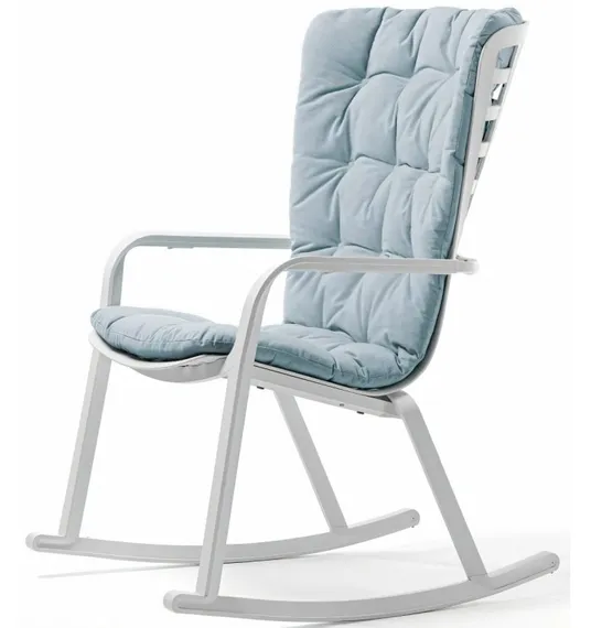 Уличное кресло-качалка Folio белое с голубой подушкой