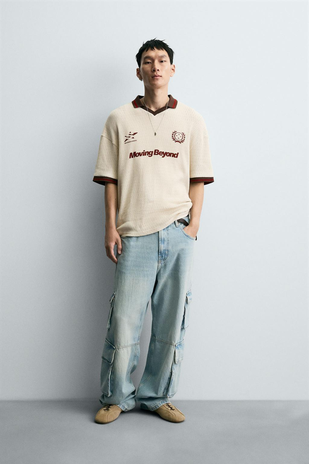 ZARA ПОЛО В СТИЛЕ РЕТРО, ЖЕЛТОВАТО-БЕЛЫЙ