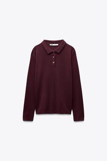 ZARA ОДНОТОННЫЙ ТРИКОТАЖНЫЙ ТОП С ВОРОТНИКОМ ПОЛО, ВИННЫЙ