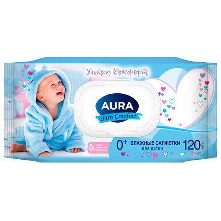 Салфетки влажные 120шт, для детей, AURA Ultra Comfort с алоэ и витамином Е, крышка кл, 14847