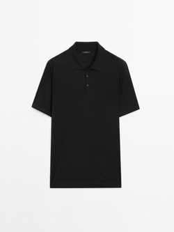 Massimo Dutti Поло из смесовой шерсти с воротником поло и короткими рукавами, черный