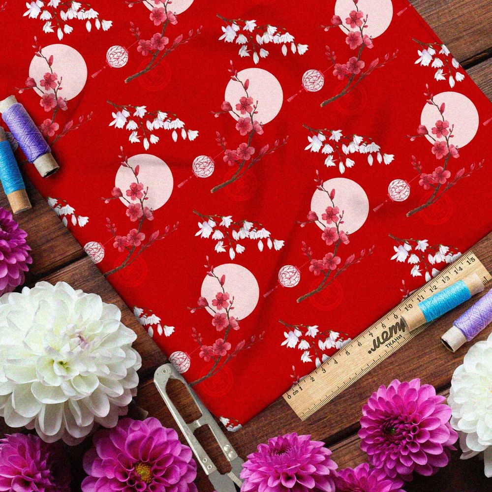 Ткань ниагара цветущая сакура на фоне полной луны и красного неба