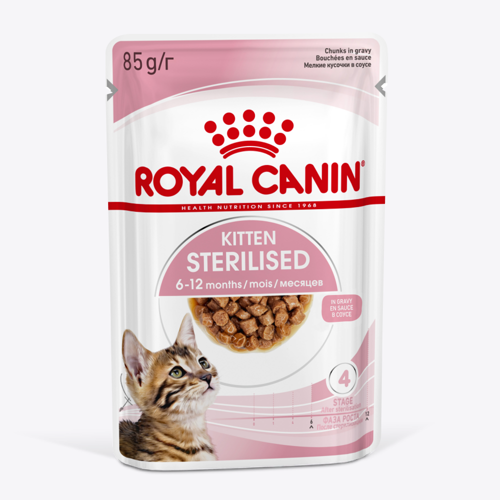 Пауч Royal Canin Kitten Sterilised для кастрированных и стерилизованных котят (в возрасте от 6 до 12 месяцев), мелкие кусочки в соусе Пауч Royal Canin Kitten Sterilised для кастрированных и стерилизованных котят (в возрасте от 6 до 12 месяцев), мелкие кусочки в соусе