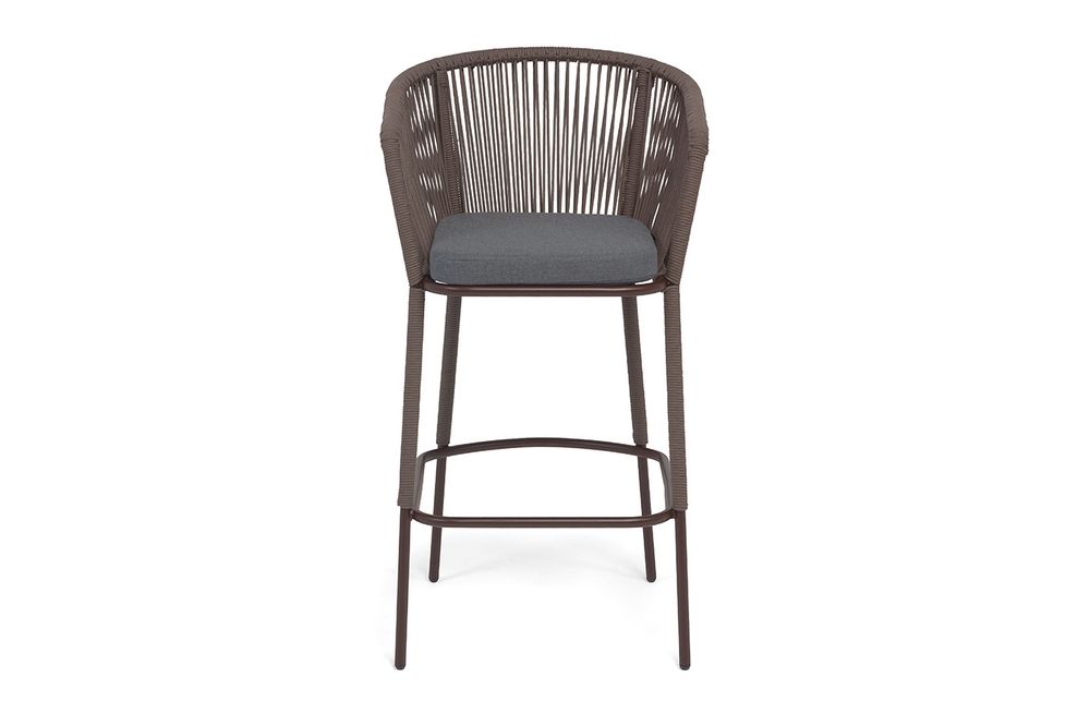 "Марсель" стул барный плетеный из роупа, каркас из стали коричневый (RAL8016) муар, роуп коричневый круглый, ткань темно-серая 027